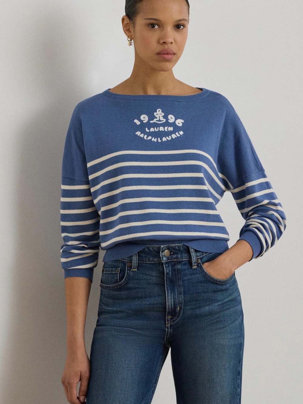 Ralph Lauren Blue and White Striped Boatneck Sweater